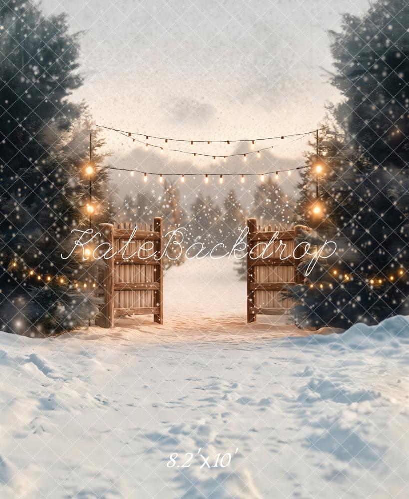 Kate Winter Snow Gate Pine Trees Lights Backdrop Designed by Chain - Kate Backdrop AU