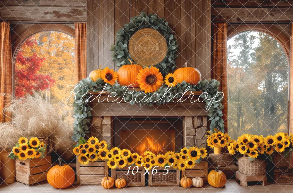 Kate Autumn Fireplace Sunflowers Pumpkins Backdrop Designed by Mini MakeBelieve - Kate Backdrop AU