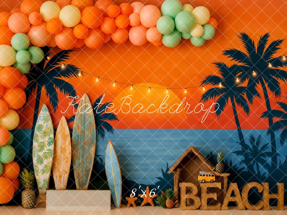 Kate Beach Surfboards Palm Trees Orange Sunset Backdrop Designed by Patty Roberts
