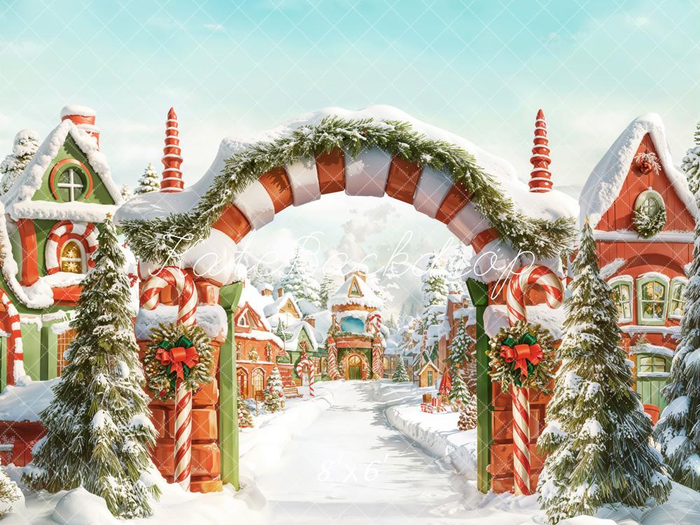Kate Christmas Candy Cane Arch Snowy Village Backdrop Designed by Chain