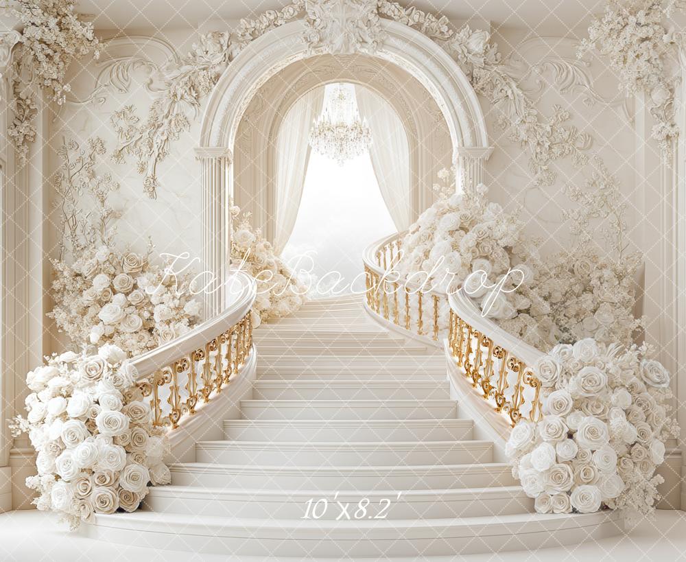 Kate Cascading Stairs Floral Arch White Backdrop Designed by Mini MakeBelieve - Kate Backdrop AU
