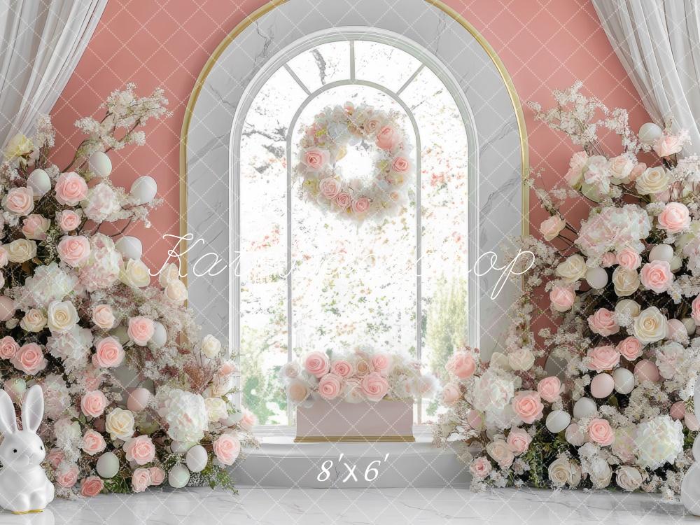Kate Spring Bunny Pink Floral Arch Window Backdrop Designed by Mini MakeBelieve - Kate Backdrop AU