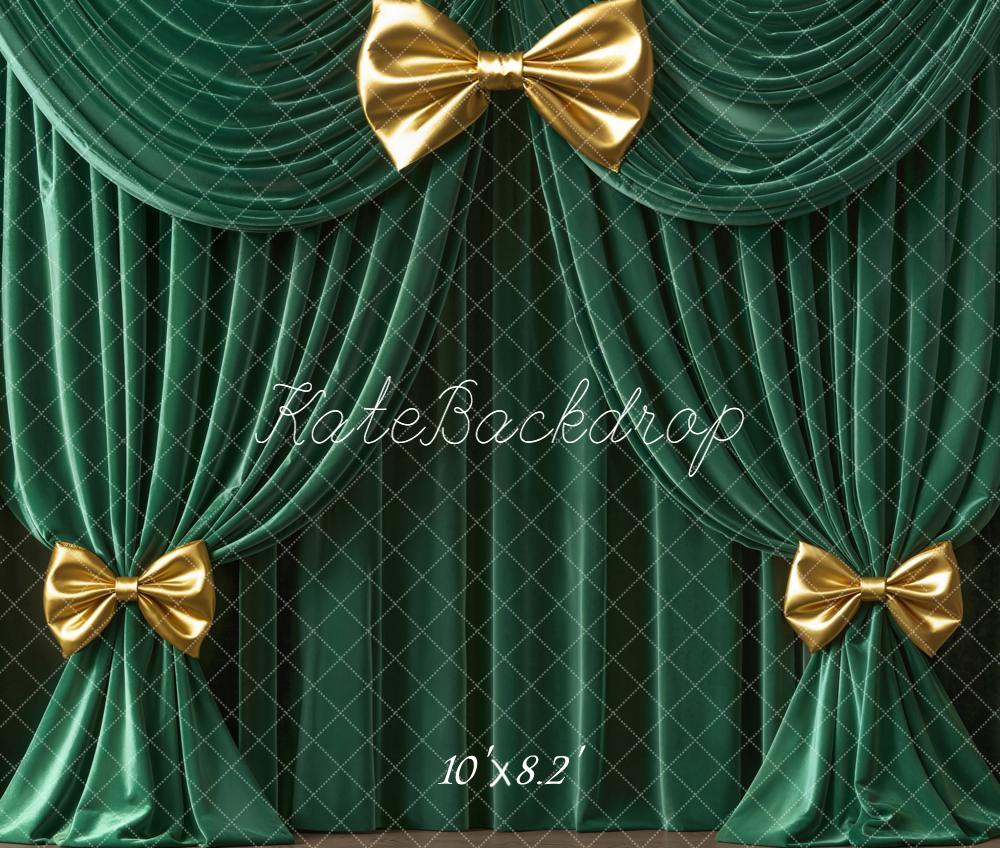 Kate Green Curtain Gold Bows Vintage Wall Fleece Backdrop Designed by Emetselch