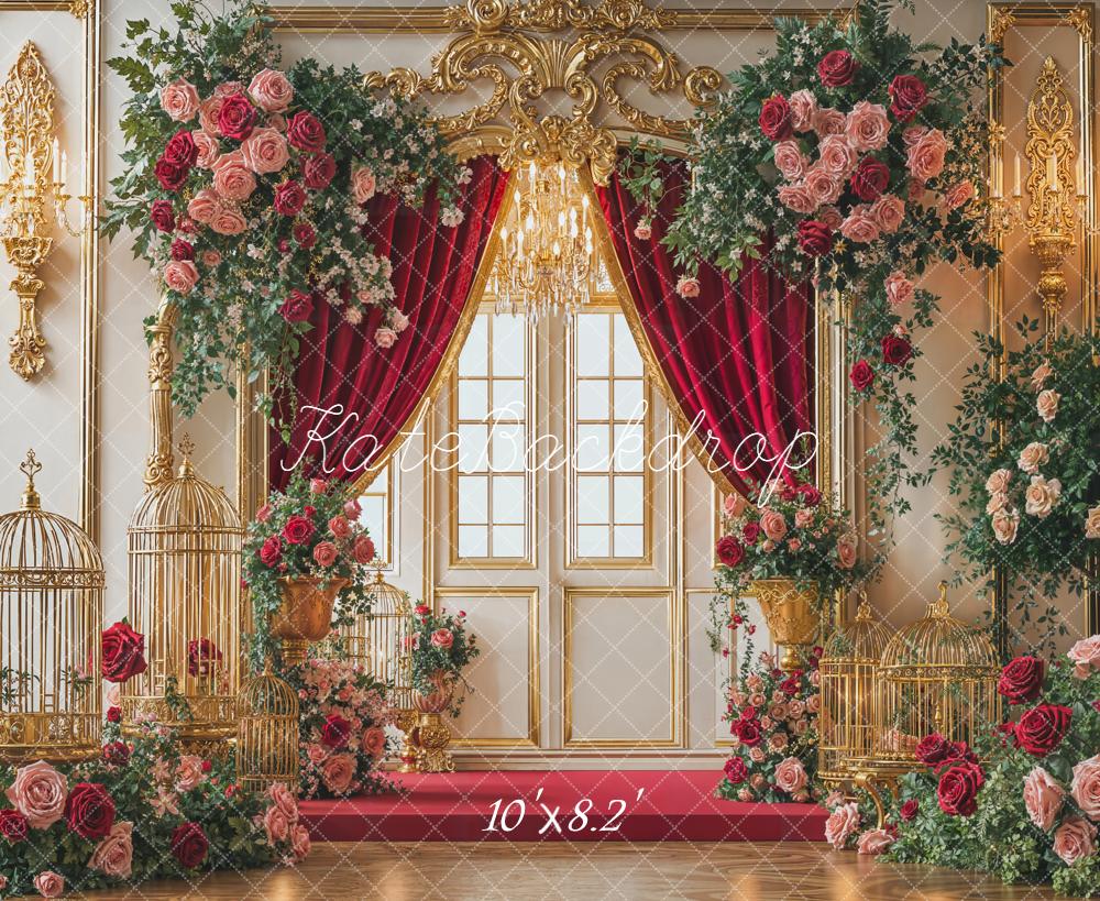 Kate Wedding Roses Gold Red Curtains Backdrop Designed by Emetselch
