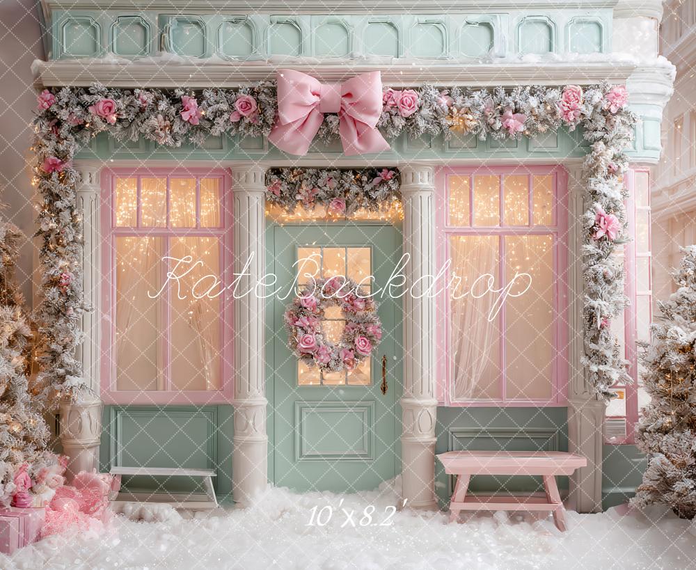 Kate Pink Christmas Shop Frosted Trees Backdrop Designed by Ashley Paul