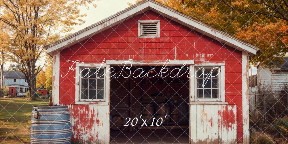 Kate Autumn Red Shed Weathered Barrel Backdrop Designed by Emetselch - Kate Backdrop AU