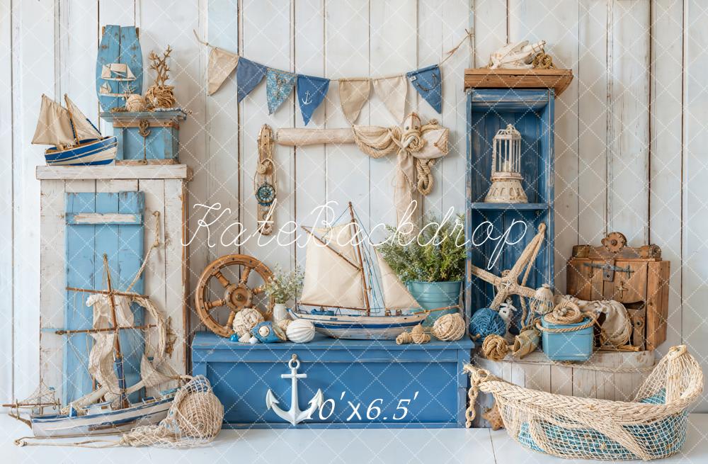 Kate Nautical Blue Sailboats Rope Decor Backdrop Designed by Emetselch
