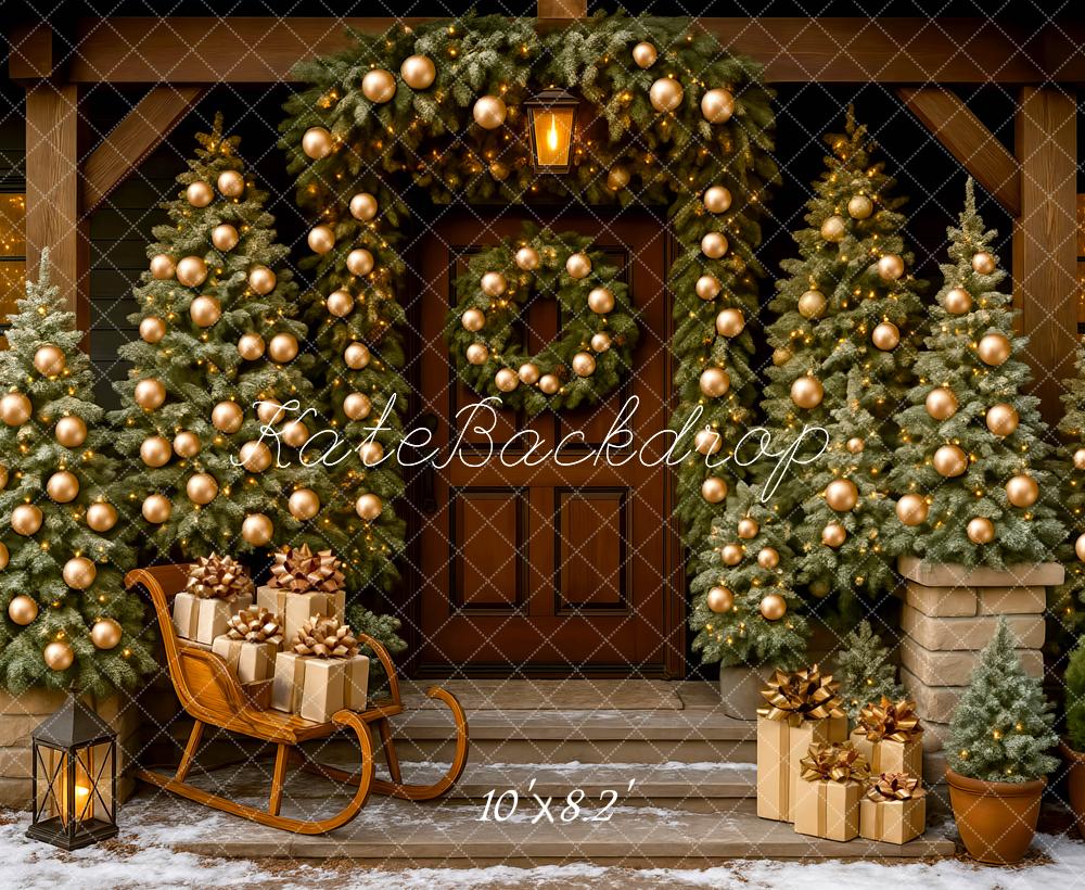 Kate Christmas Porch Trees Presents Sled Backdrop Designed by Mini MakeBelieve - Kate Backdrop AU