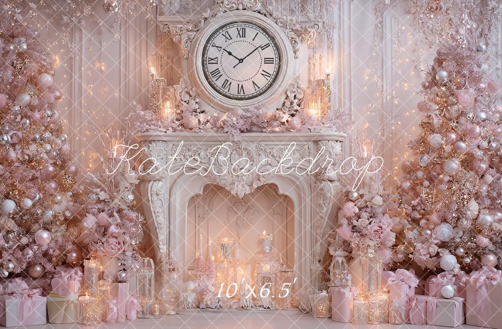 Kate Christmas Pink Trees Fireplace Clock Backdrop Designed by Ashley Paul