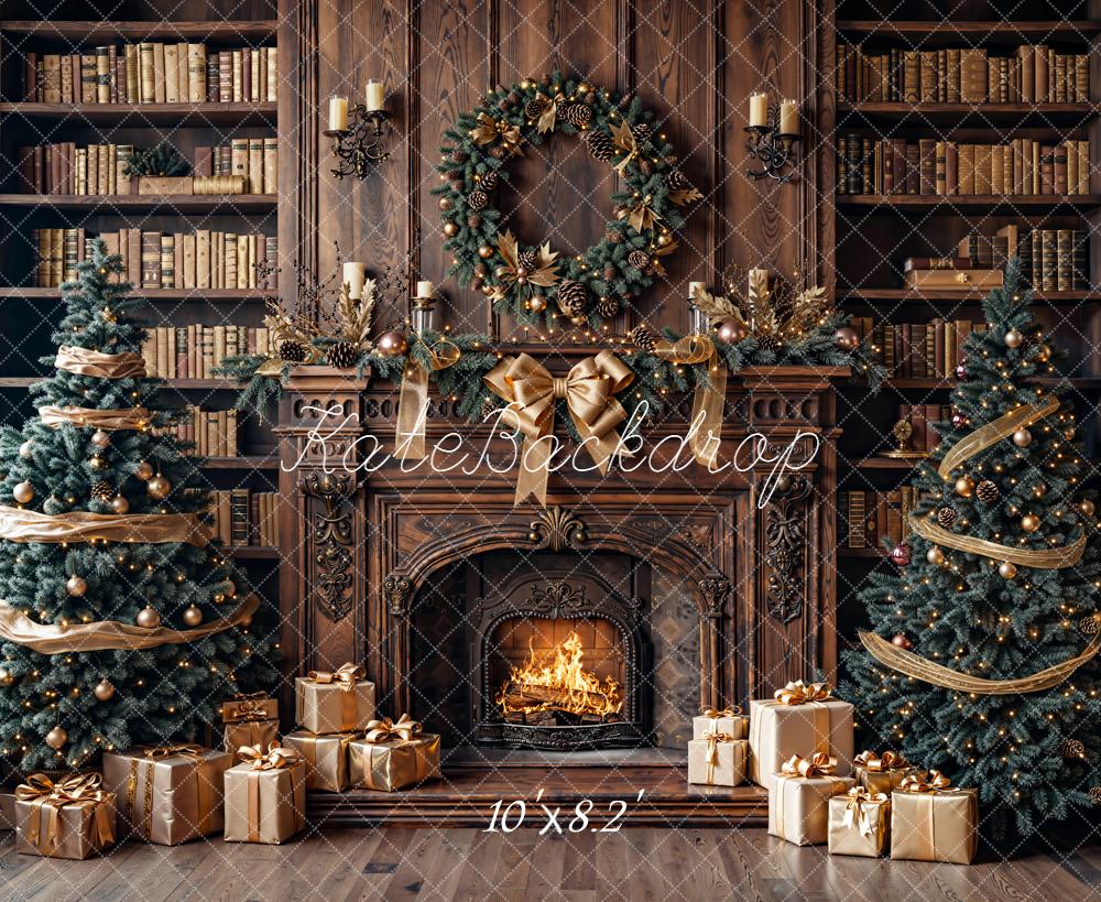 Kate Christmas Fireplace Bookshelves Trees Backdrop Designed by Emetselch - Kate Backdrop AU