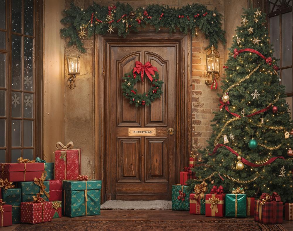 Kate Christmas Tree Wooden Door Fleece Backdrop Designed by GQ - Kate Backdrop AU