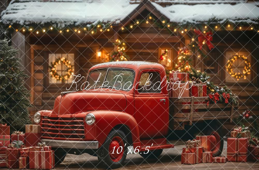 Kate Christmas Truck Red Cabin Snow Backdrop Designed by Emetselch - Kate Backdrop AU