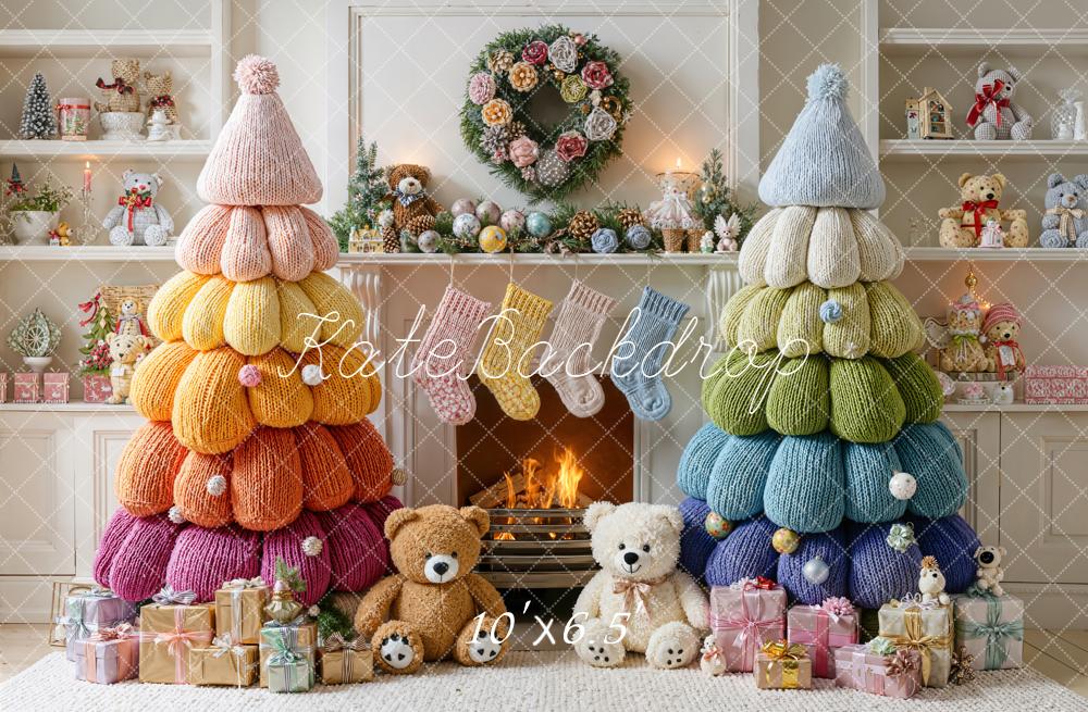 Kate Christmas Knitted Trees Fireplace Gifts Backdrop Designed by Emetselch - Kate Backdrop AU