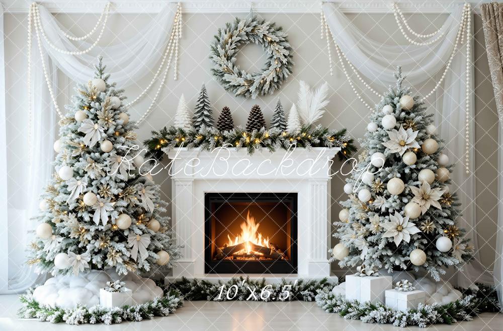 Kate Christmas Fireplace Snowy Trees Backdrop Designed by Mini MakeBelieve