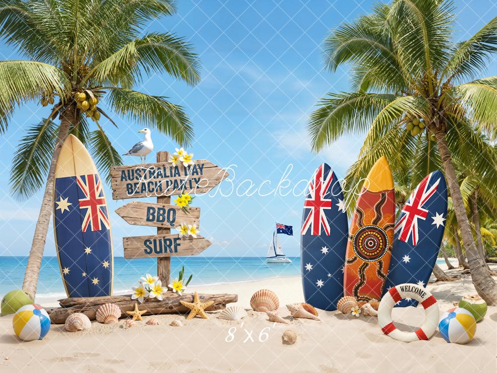 Kate Australia Day Surfboards Palm Trees Beach Backdrop Designed by Emetselch