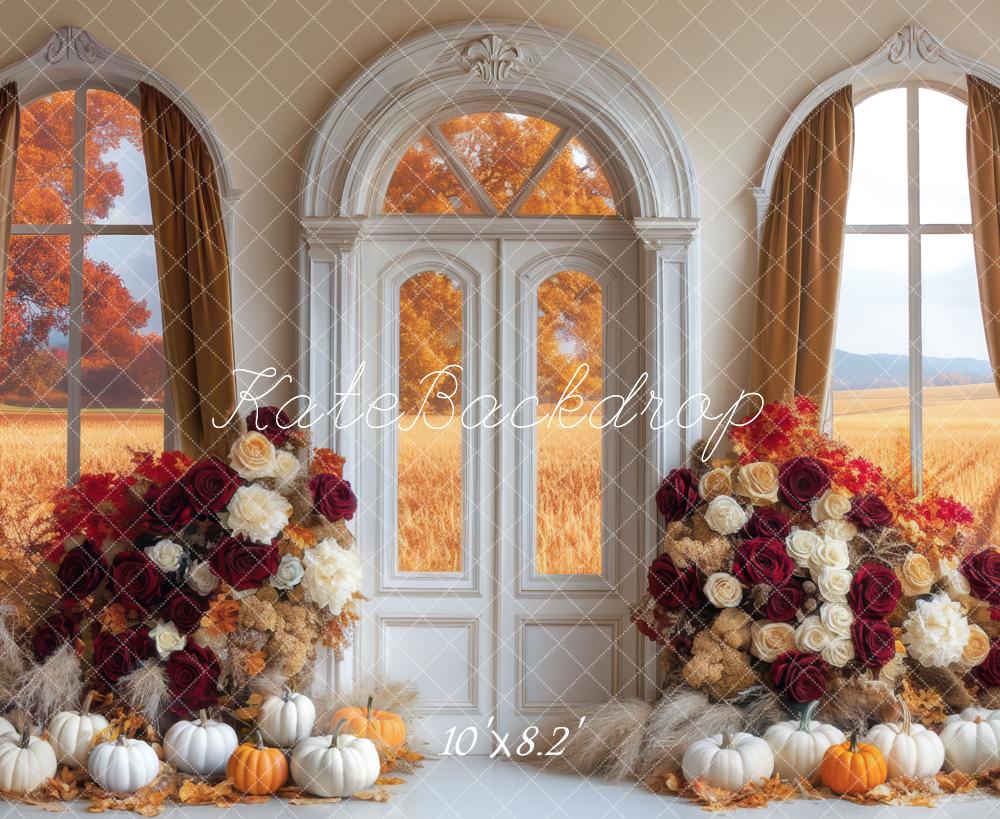 Kate Fall Pumpkins Arched Windows Backdrop Designed by Mini MakeBelieve - Kate Backdrop AU