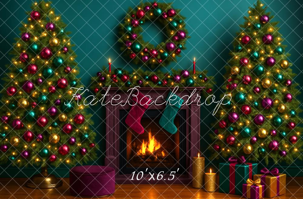 Kate Christmas Trees Fireplace Wreath Backdrop Designed by Megan Leigh - Kate Backdrop AU