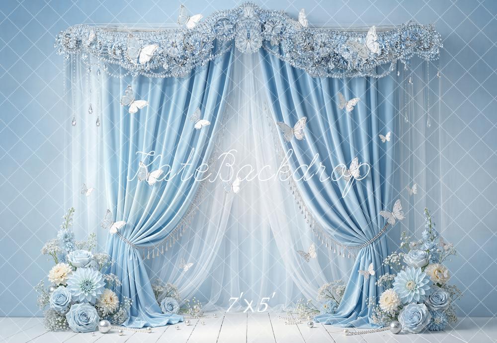 Kate Blue Curtain Floral Butterfly Elegant Backdrop Designed by Emetselch