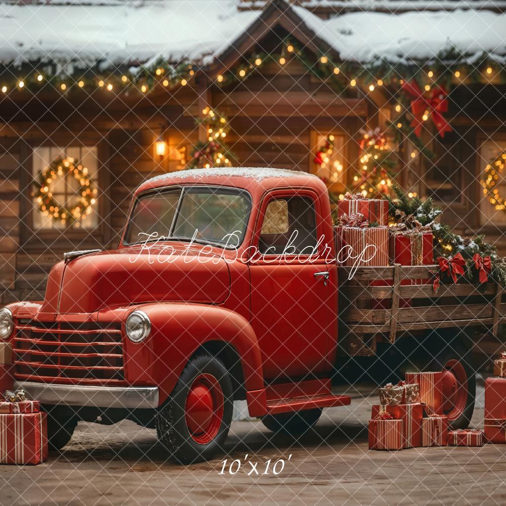 Kate Christmas Truck Red Cabin Snow Backdrop Designed by Emetselch - Kate Backdrop AU