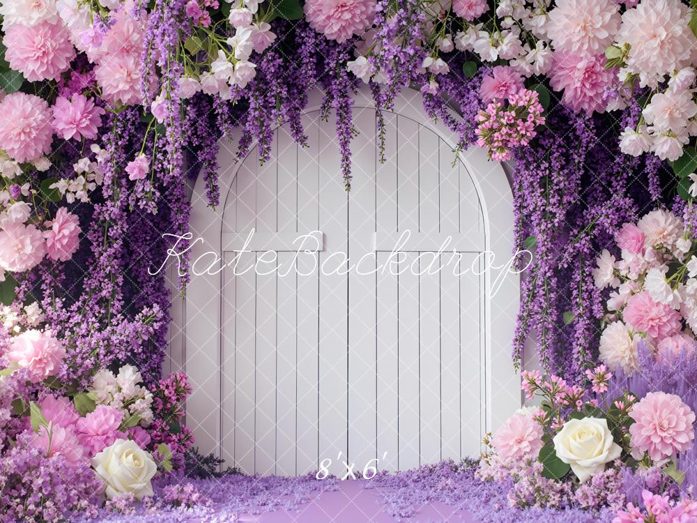 Kate Flower Arch Door Purple Flowers Backdrop Designed by Mini MakeBelieve