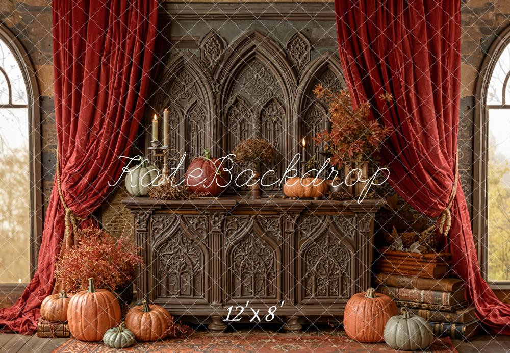 Kate Fall Pumpkins Gothic Cabinet Fleece Backdrop Designed by Emetselch