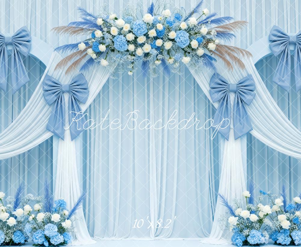 Kate Wedding Blue Bows Floral Fleece Backdrop Designed by Patty Roberts