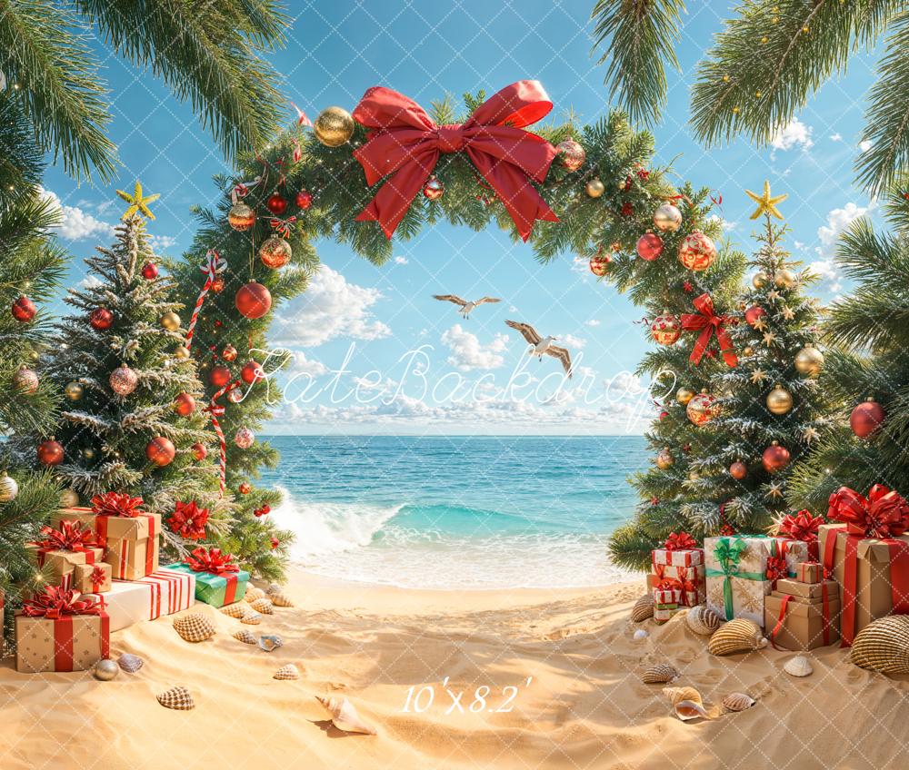 Christmas Beach Trees Arch Presents Fleece Backdrop Designed by Emetselch