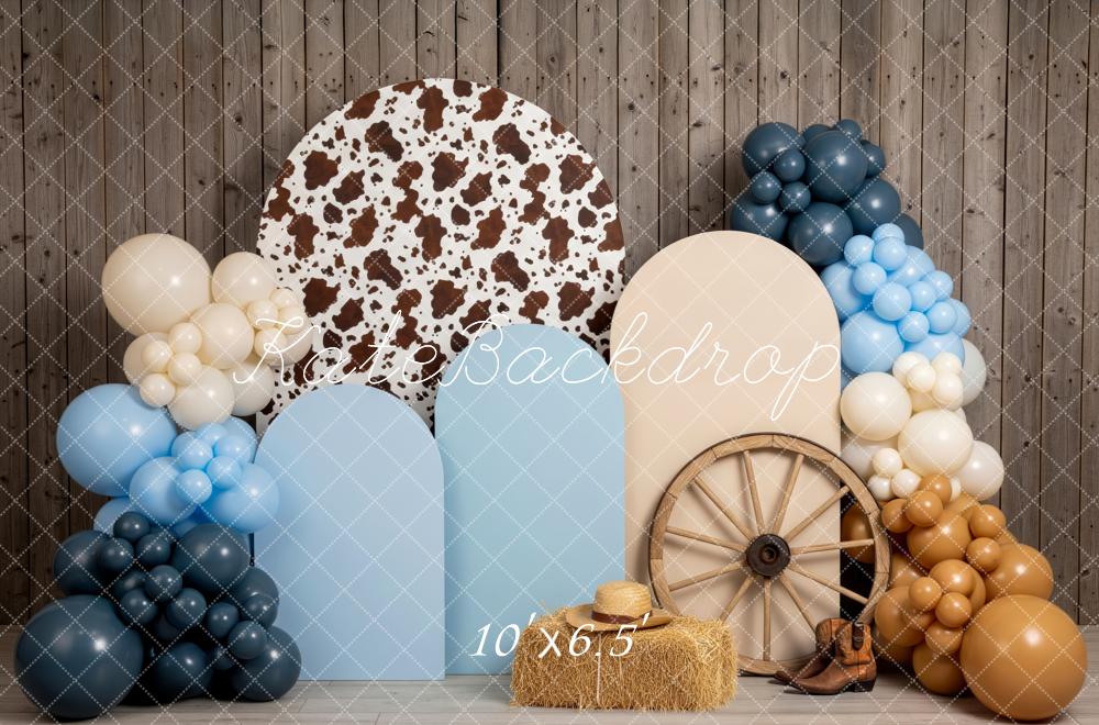 Kate Western Cow Balloons Hay Bale Backdrop Designed by Patty Roberts - Kate Backdrop AU