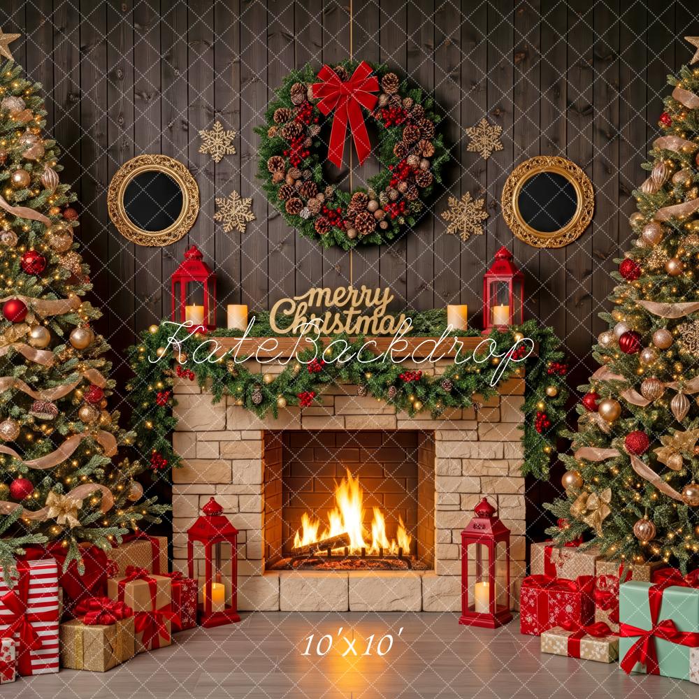 Kate Christmas Fireplace Wreath Trees Presents Backdrop Designed by Patty Roberts