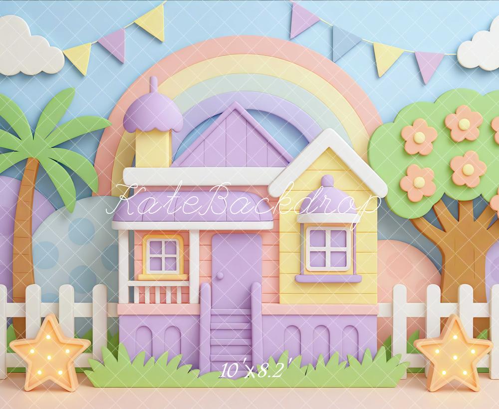 Kate Pastel House Rainbow Palm Tree Backdrop Designed by Mini MakeBelieve - Kate Backdrop AU