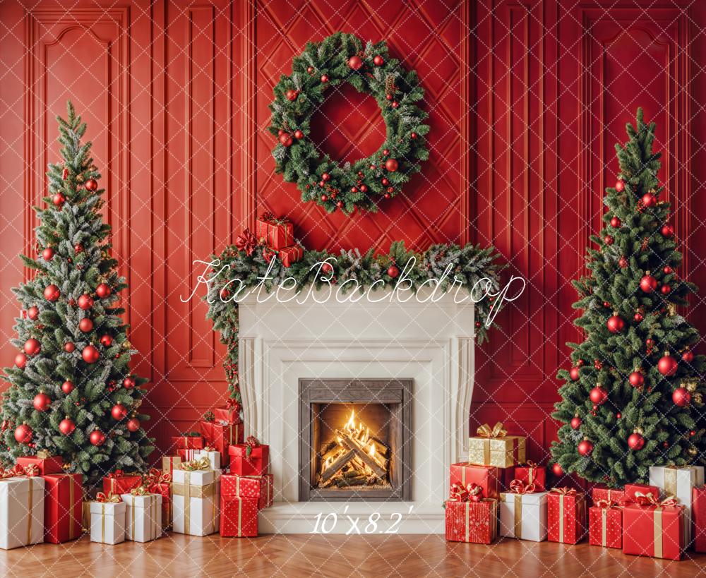 Kate Christmas Red Wall Fireplace Trees Gifts Backdrop Designed by Emetselch