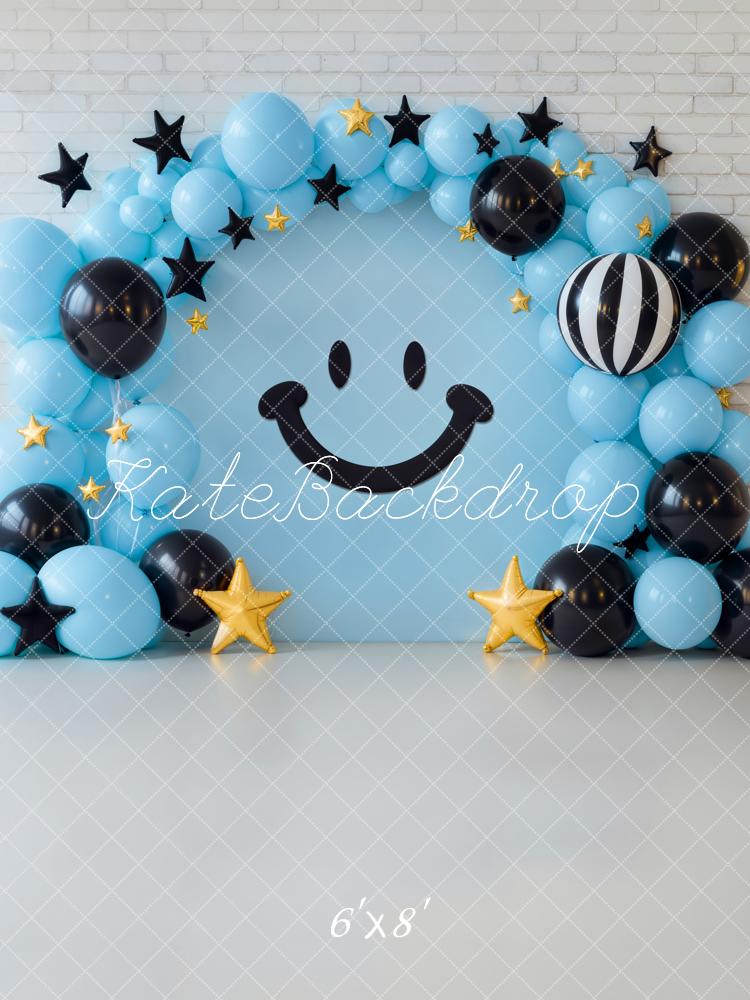 Kate Smiley Face Balloon Stars Blue Backdrop Designed by Emetselch - Kate Backdrop AU
