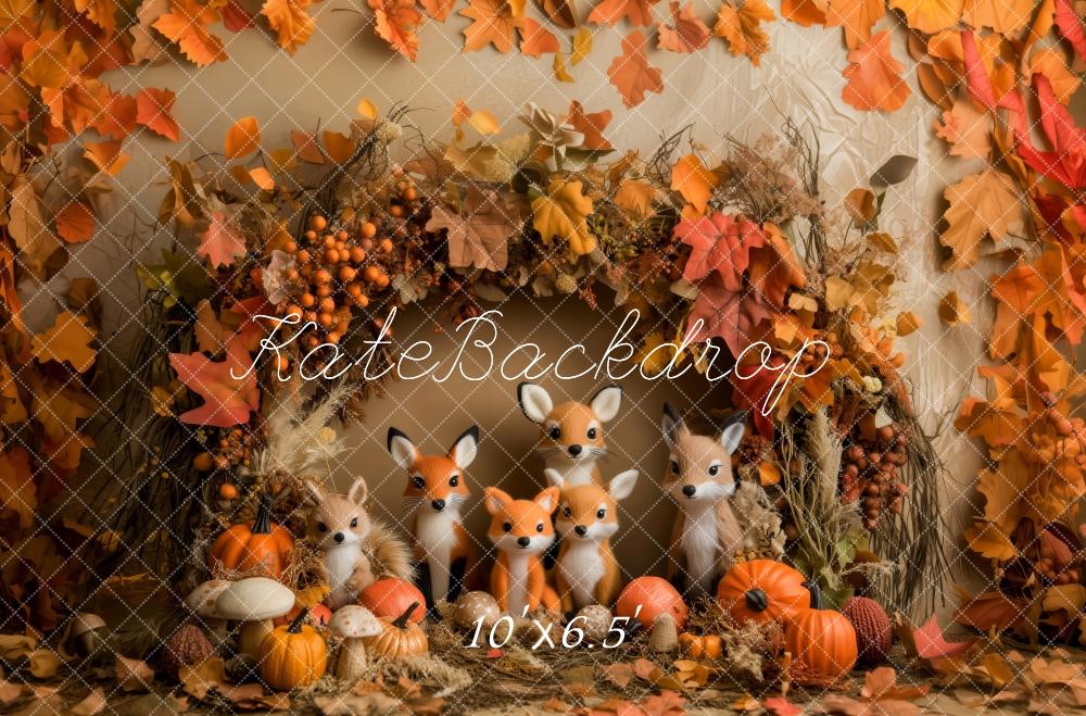 Kate Fall Fox Pumpkin Mushroom Leaves Backdrop Designed by Patty Roberts