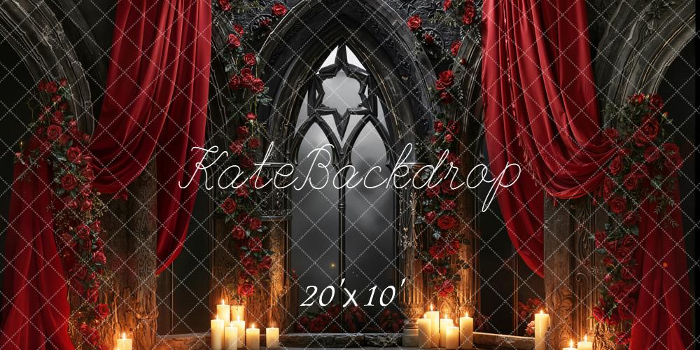 Kate Gothic Arch Red Drapes Roses Candles Backdrop Designed by Emetselch