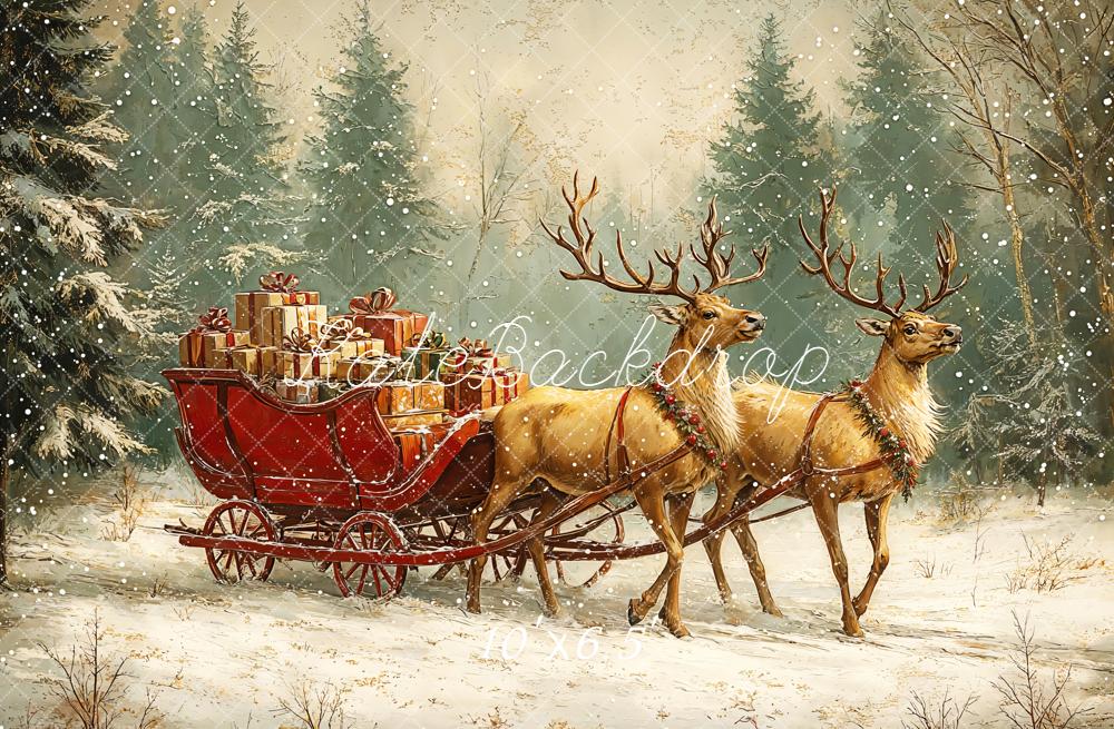 Kate Christmas Backdrop Reindeer Sled Presents Snow Designed by GQ - Kate Backdrop AU