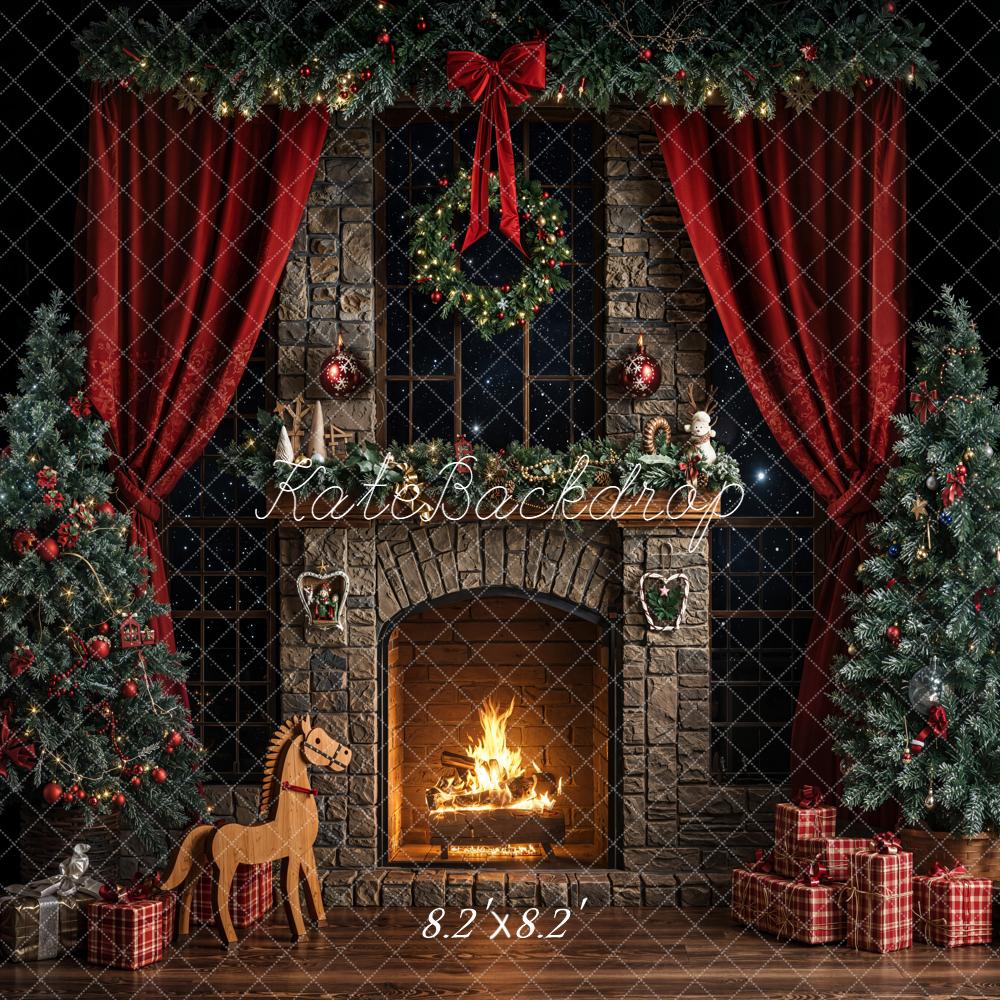 Kate Christmas Fireplace Trees Backdrop Gifts Red Curtains Designed by Emetselch - Kate Backdrop AU
