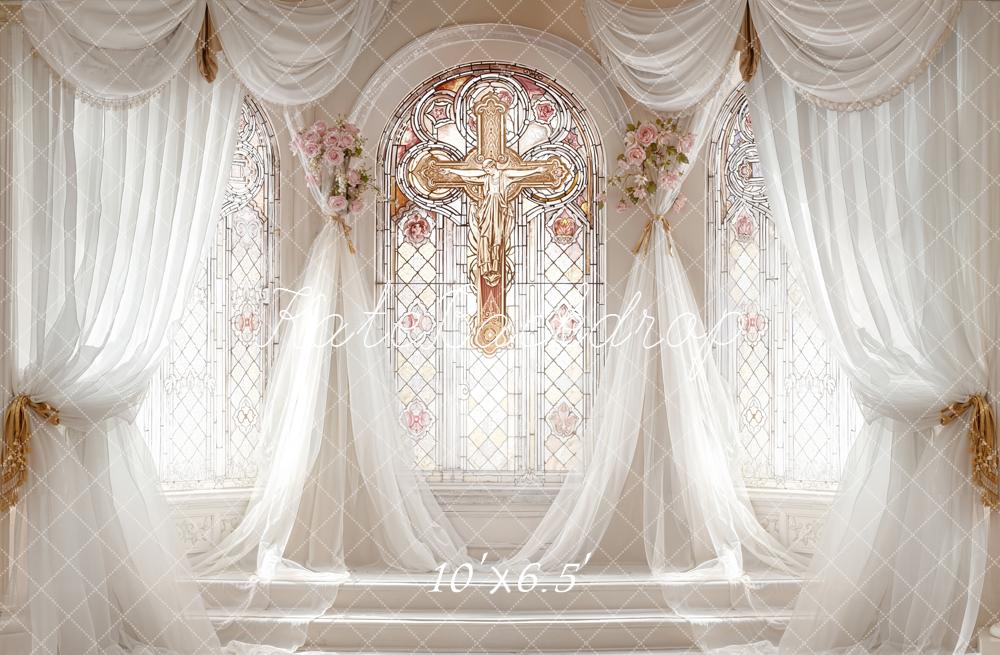 Kate Wedding Stained Glass Cross Drapes Fleece Backdrop Designed by Emetselch