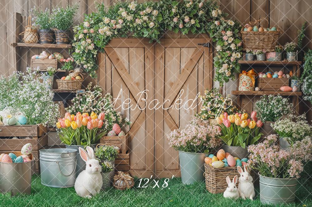 Kate Easter Bunny Floral Eggs Wooden Door Fleece Backdrop Designed by Emetselch