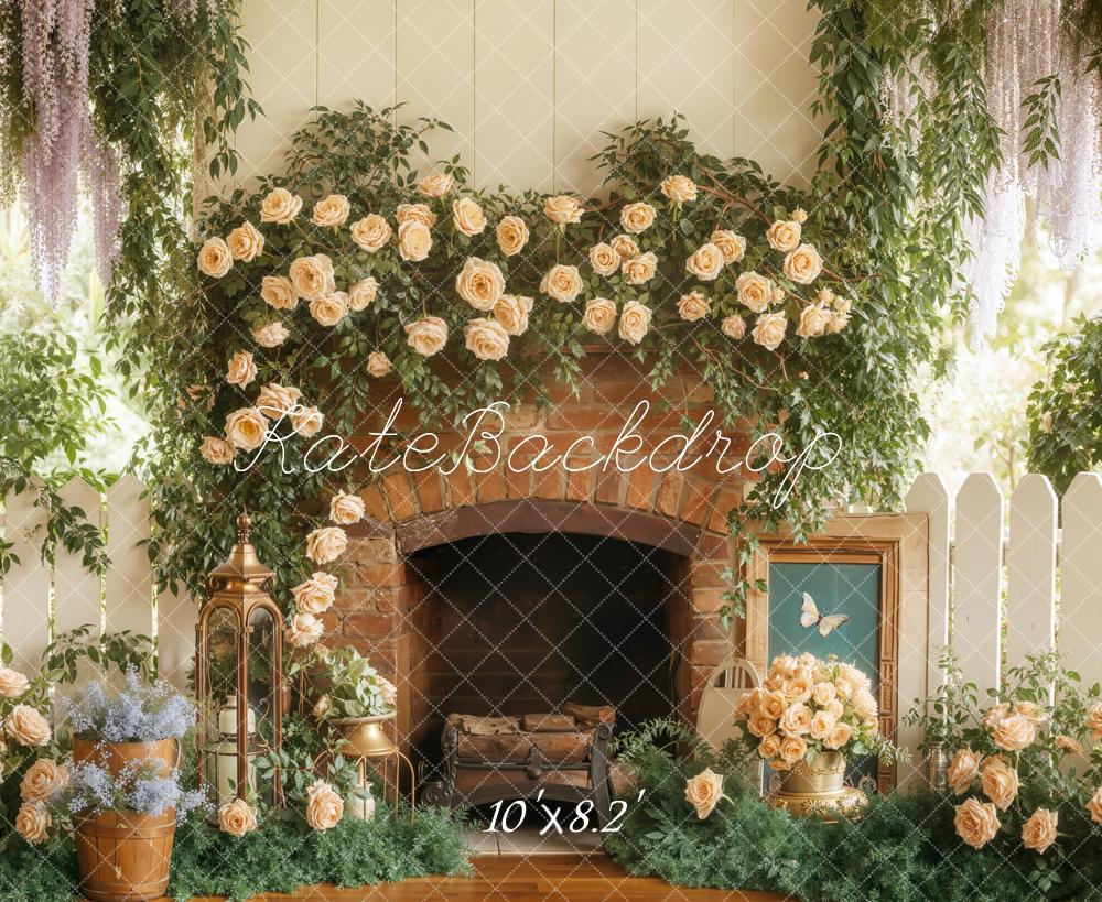 Kate Fireplace Spring Flower Fleece Backdrop Designed by Emetselch