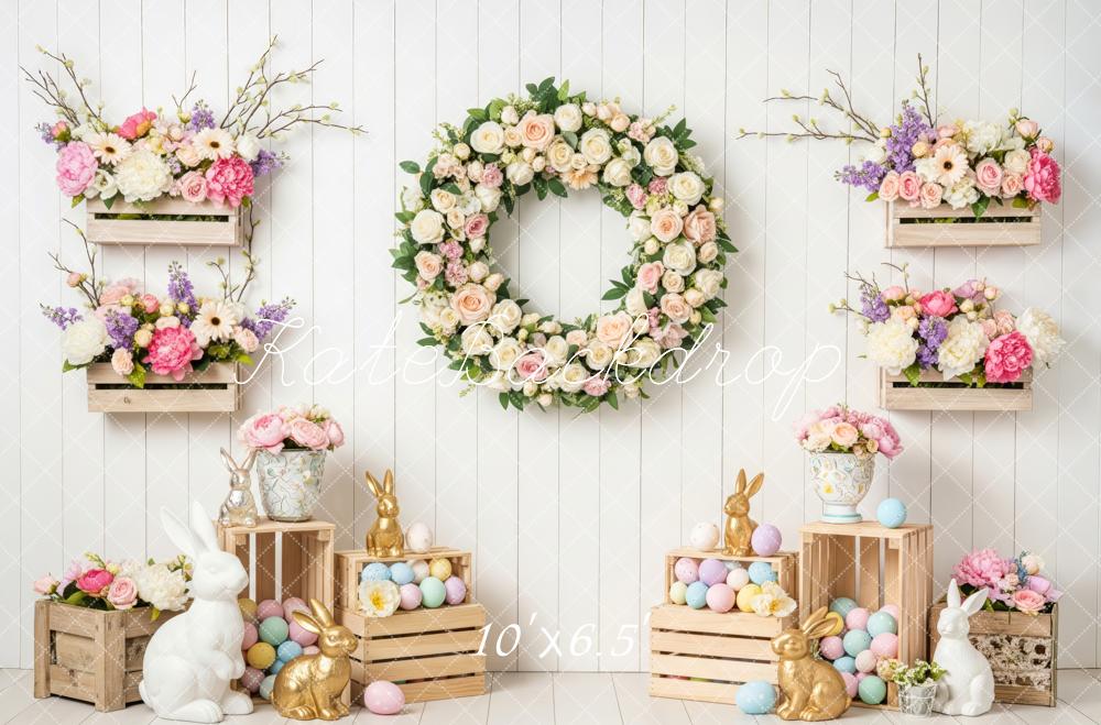 Kate Easter Bunny Wreath Eggs Fleece Backdrop Designed by Patty Roberts