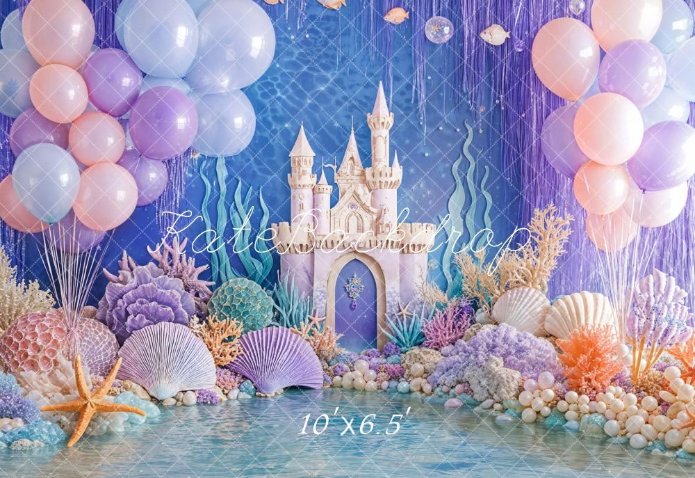Kate Mermaid Castle Coral Seashell Balloons Fleece Backdrop Designed by Emetselch - Kate Backdrop AU