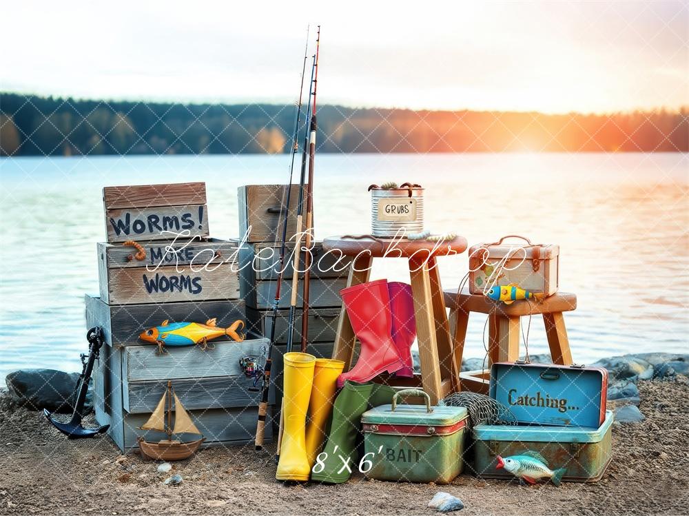 Kate Fishing Rod Boots Crates Lake Backdrop Designed by Laura Bybee - Kate Backdrop AU