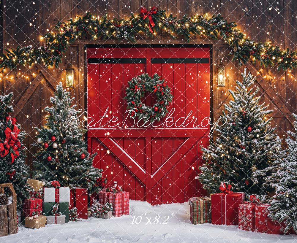 Kate Christmas Red Barn Door Pine Trees Presents Backdrop Designed by Emetselch - Kate Backdrop AU