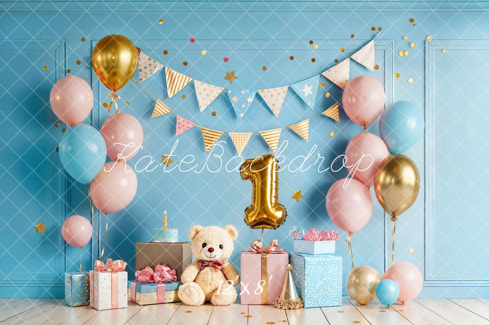 Kate Cake Smash Balloons 1st Blue Fleece Backdrop Designed by Chain