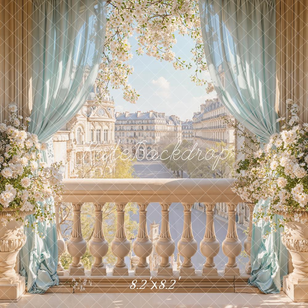 Kate Paris Balcony Blossom Flowers Blue Curtains Backdrop Designed by Emetselch