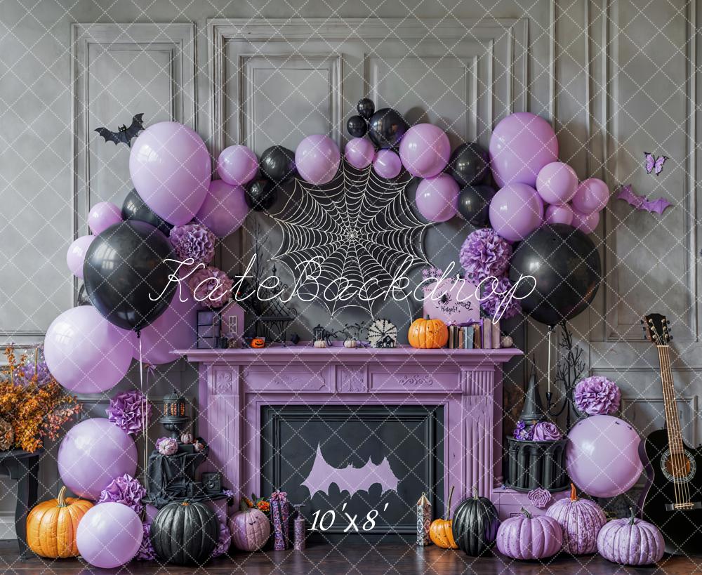 Kate Halloween Purple Balloons Spiderweb Fleece Backdrop Designed by Emetselch - Kate Backdrop AU