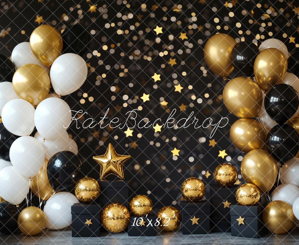 Kate Black Gold White Balloons Star Backdrop Designed by Emetselch