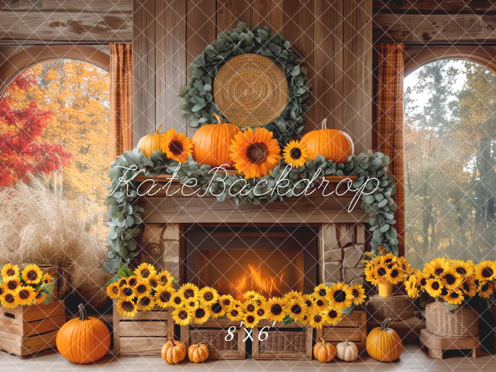 Kate Autumn Fireplace Sunflowers Pumpkins Backdrop Designed by Mini MakeBelieve - Kate Backdrop AU