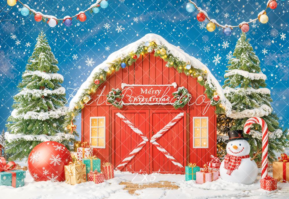 Kate Christmas Red Barn Snowman Presents Trees Backdrop Designed by Chain - Kate Backdrop AU
