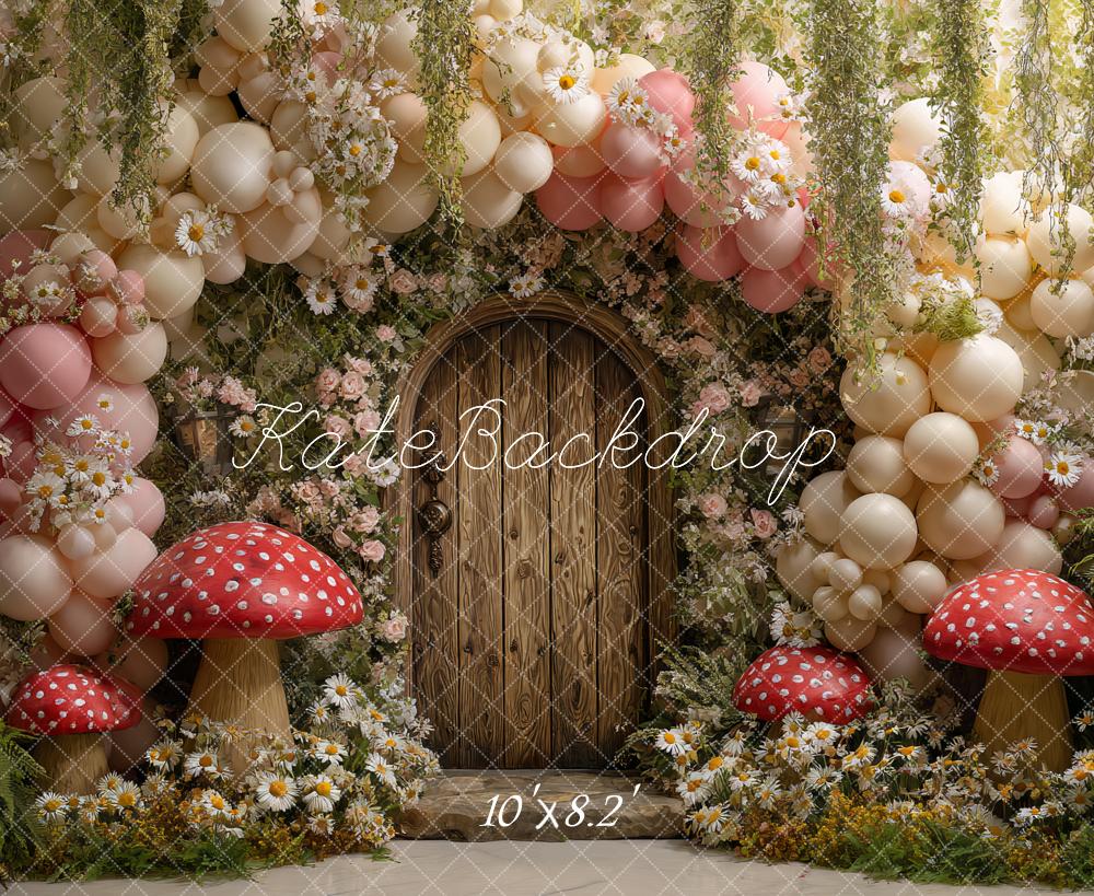 Kate Spring Fairy Wooden Door Mushrooms Backdrop Designed by Ashley Paul
